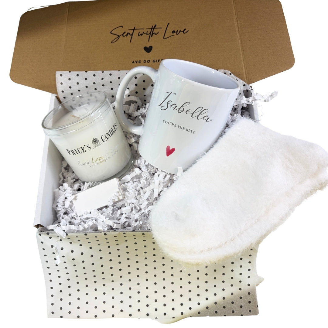 Personalised Name Mug, Candle & Socks Gift Hamper | Sister Friend Daughter