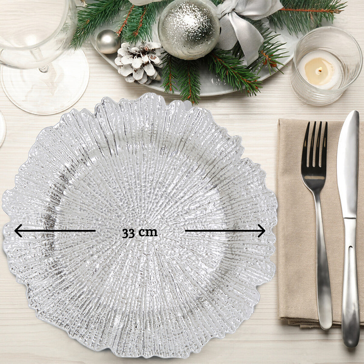 Set of Four 33cm Dia Silver Finish Reef Charger Plates
