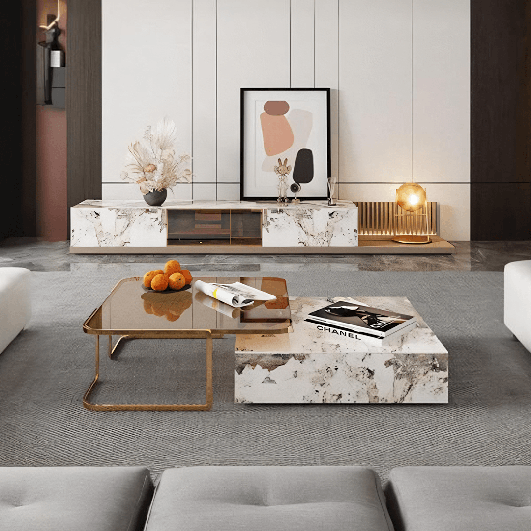 AnMoo Nesting Coffee Table Set With TV Stand, Golden Base