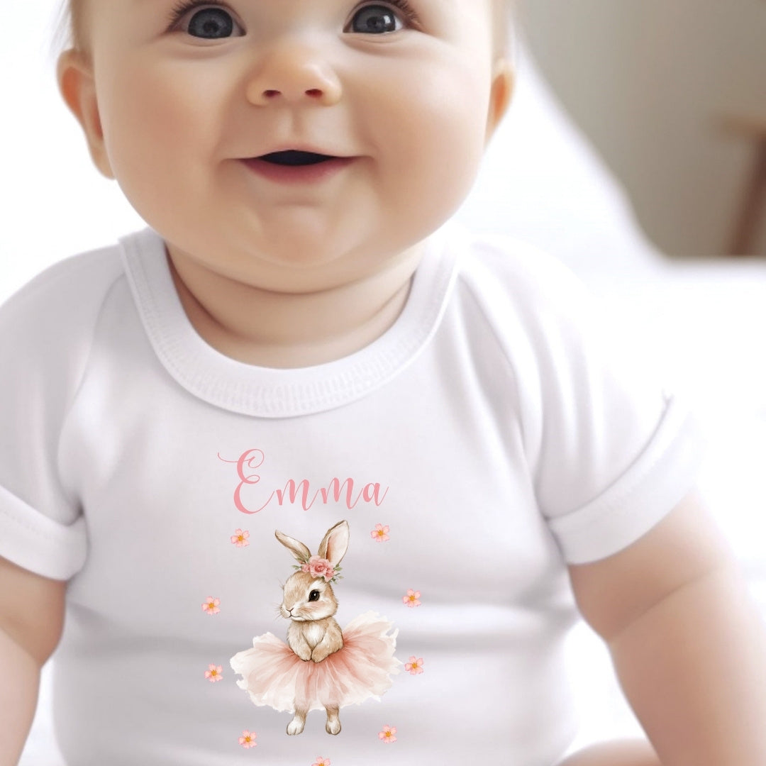 Personalised Pink Ballet Bunny Baby Grow, Vest or Bib with Name