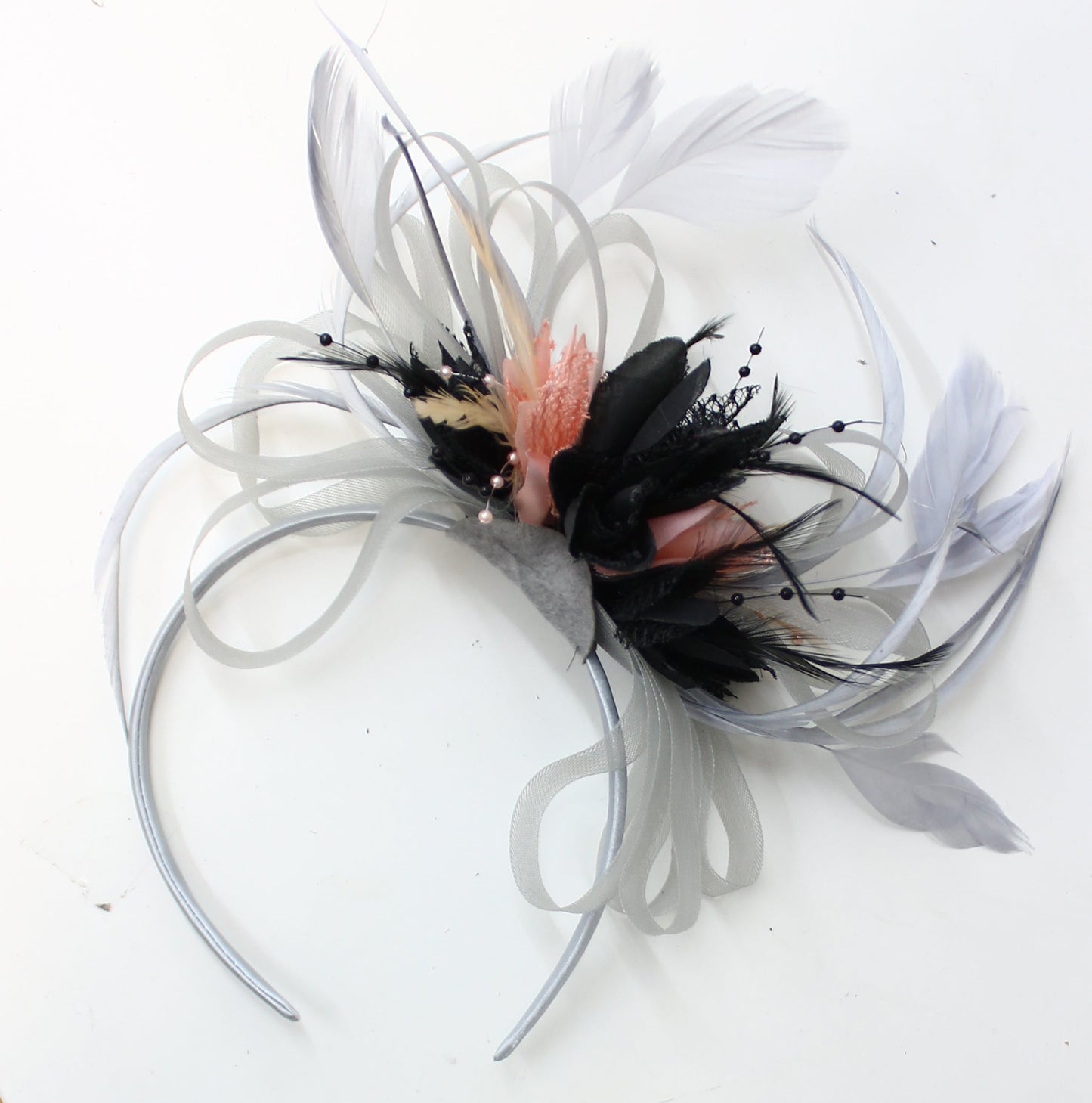 Caprilite Hoopmix - Silver Black and Peach fascinator on Headband
