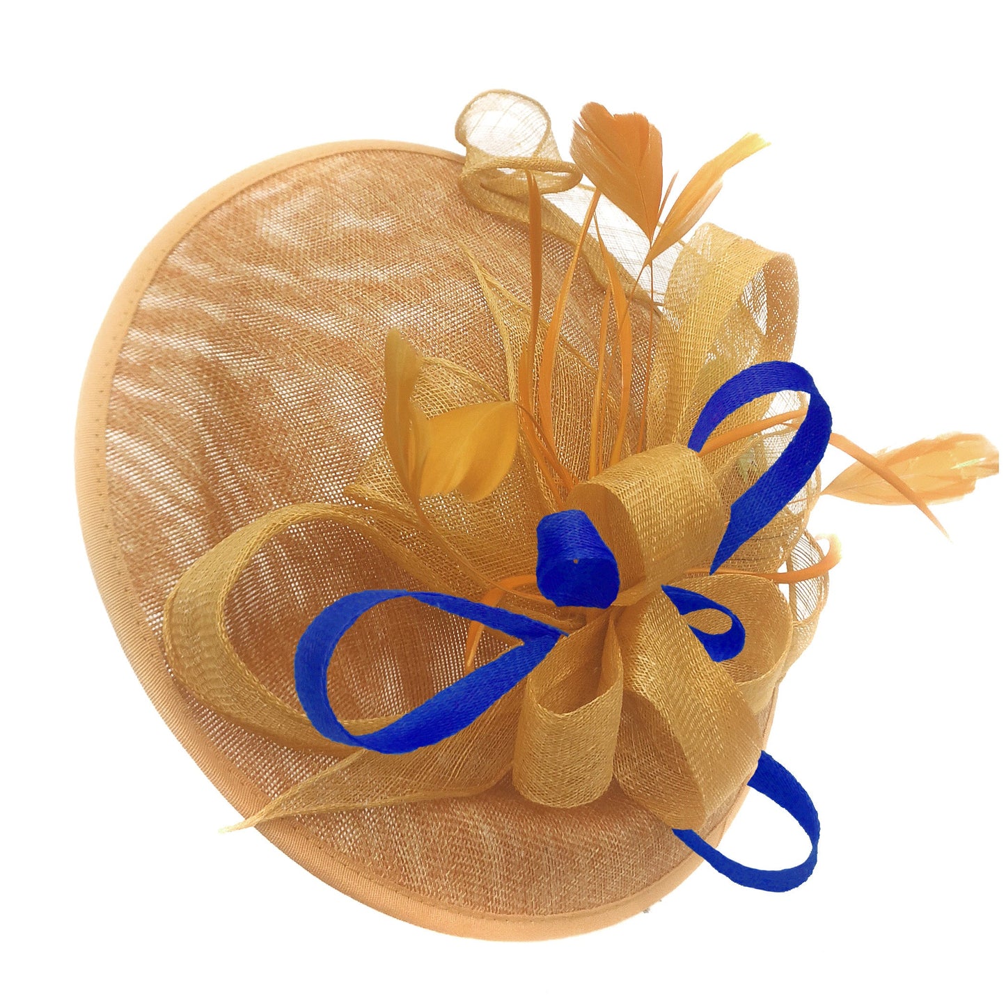 Caprilite Big Saucer Sinamay Gold Mustard & Royal Blue Mixed Colour Fascinator On Headband