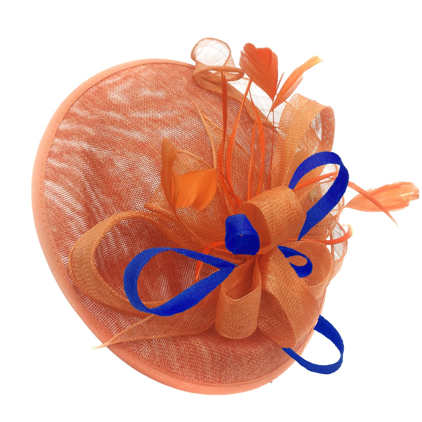 Caprilite Big Saucer Sinamay Orange & Royal Blue Mixed Colour Fascinator On Headband