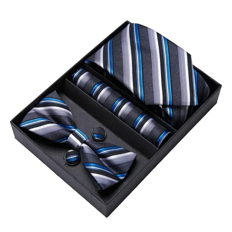 Men's Gift Set - Black and Blue Striped Tie, Bow Tie, Pocket Square and Cuff Links