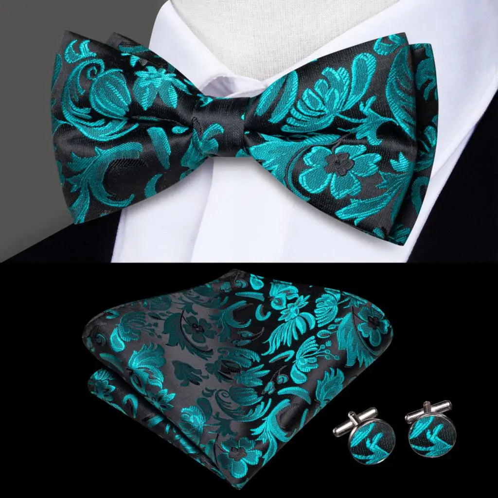 Black and Turquoise Floral Silk Bow Tie - With Matching Cufflinks & Pocket Square
