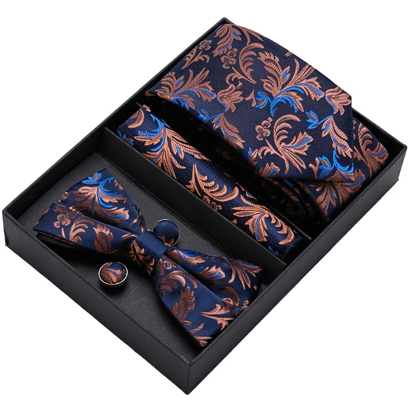 Men's Gift Set - Blue and Brown Floral Pattern Tie, Bow Tie, Pocket Square and Cuff Links