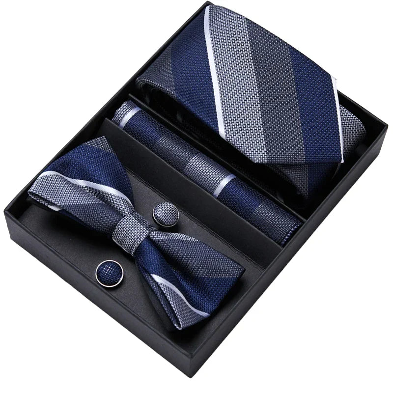 Men's Gift Set - Blue and Gray Striped Tie, Bow Tie, Pocket Square and Cuff Links