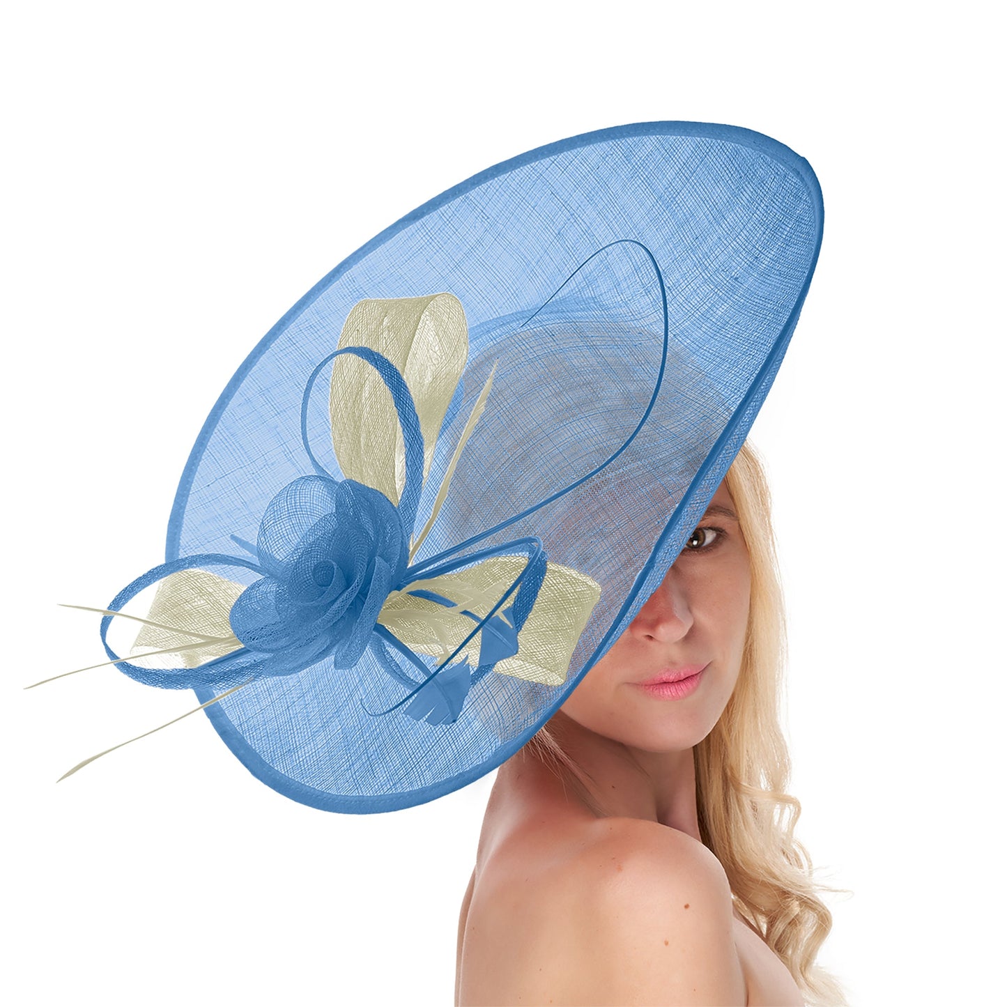 Cornflower Blue Cream Mix 41cm Mix Large Sinamay Hatinator Disc Saucer Brim Hat Fascinator on Headband