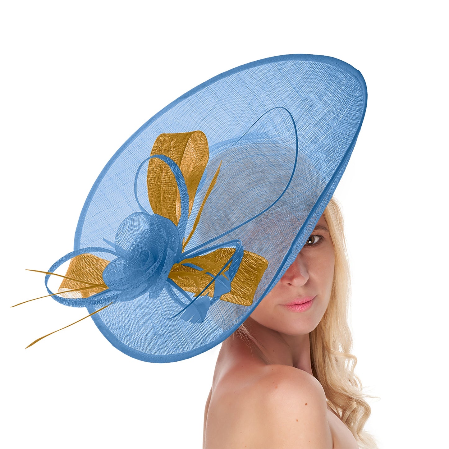 Cornflower Blue Mustard Mix 41cm Mix Large Sinamay Hatinator Disc Saucer Brim Hat Fascinator on Headband