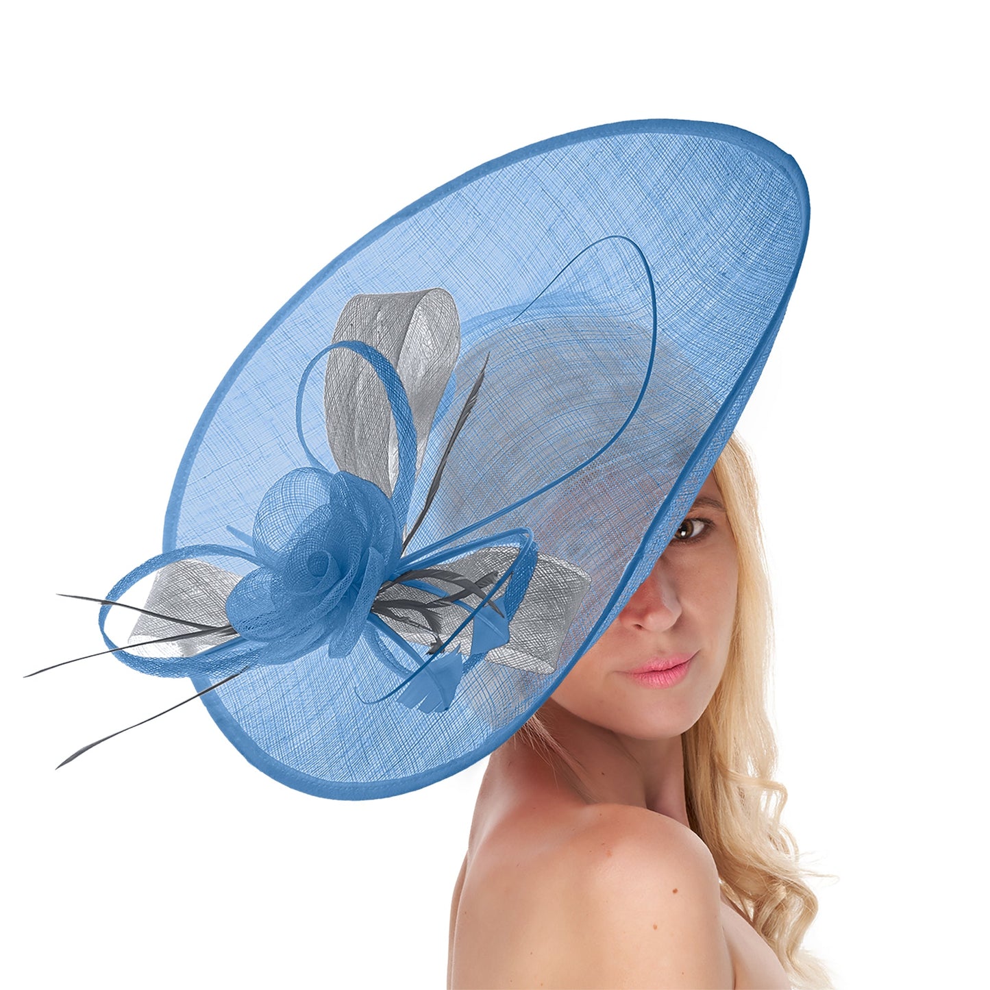 Cornflower Blue Silver Mix 41cm Mix Large Sinamay Hatinator Disc Saucer Brim Hat Fascinator on Headband
