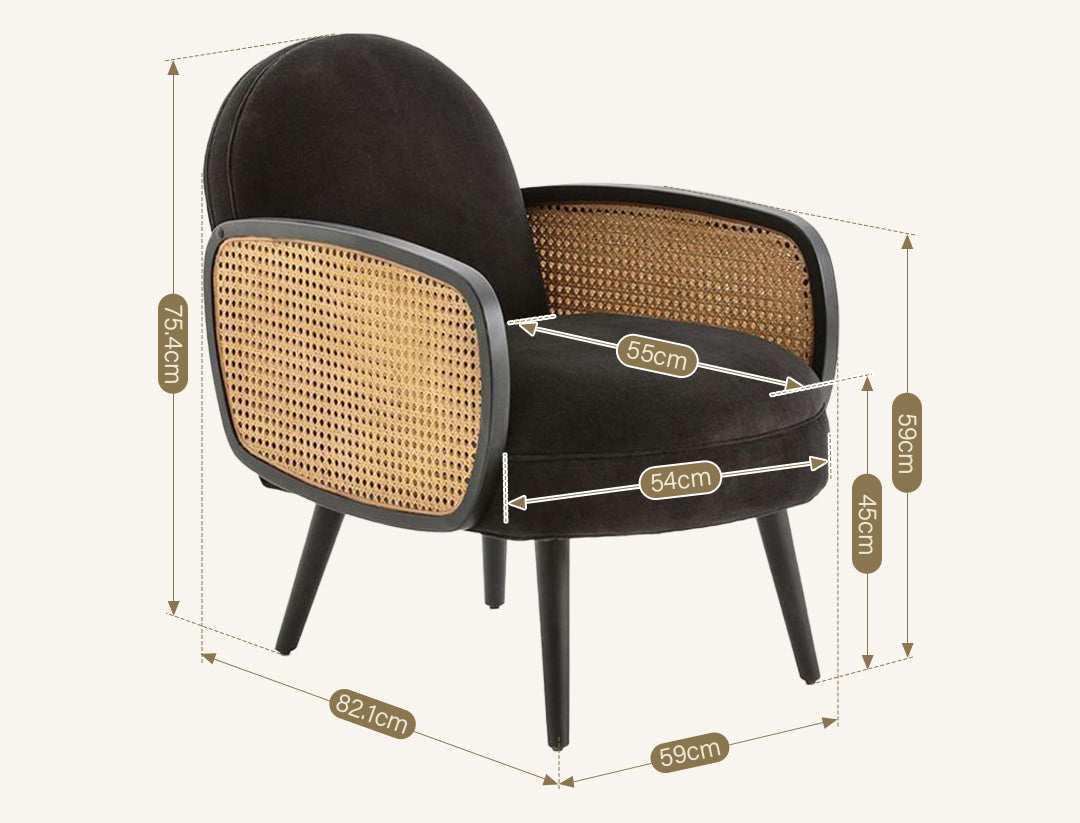 Cane Rattan Armchair, Velvet