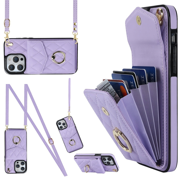 Rhombic Texture Card Bag Phone Case with Long Lanyard, For iPhone 14 Plus, For iPhone 14, For iPhone 14 Pro