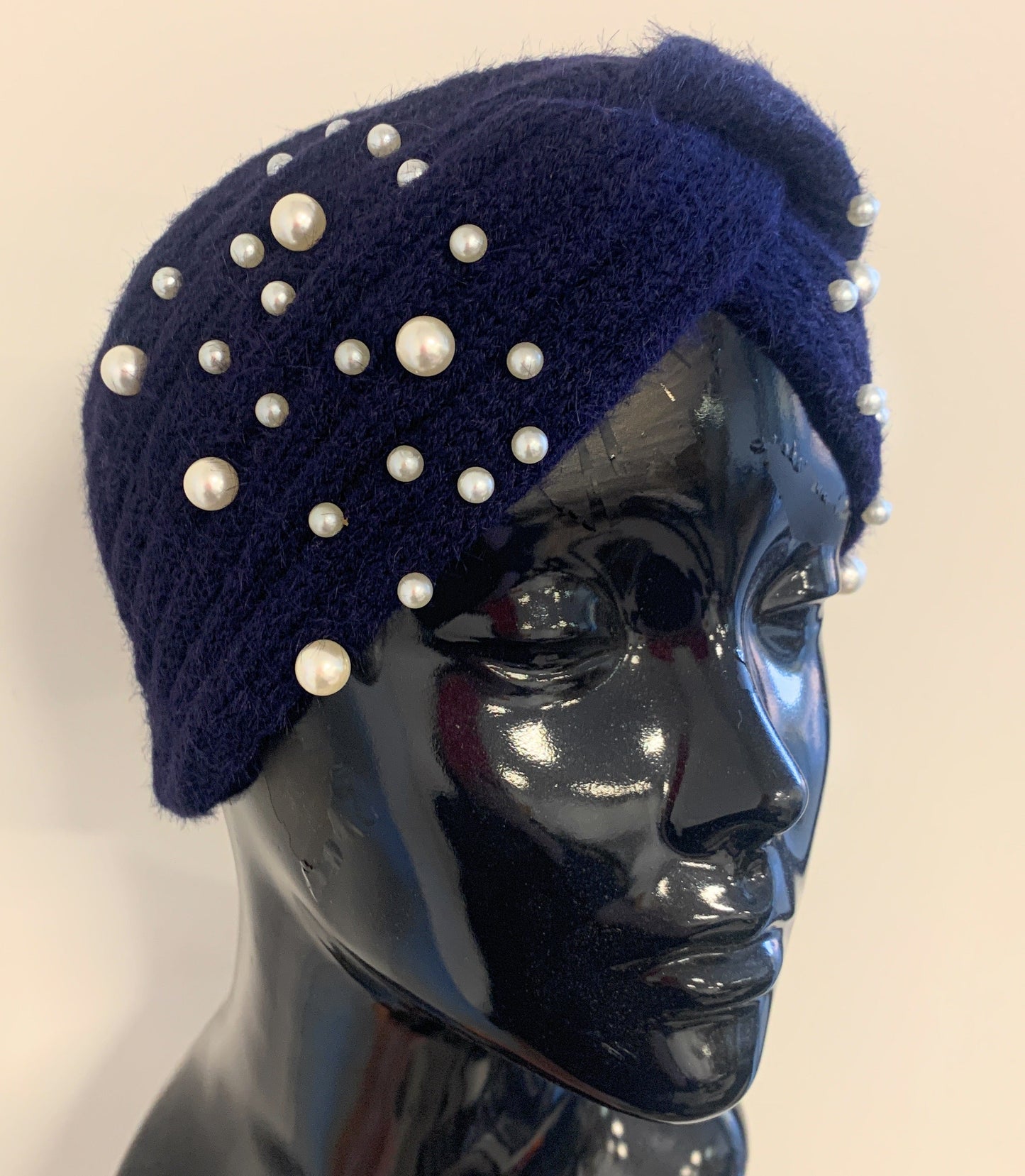 Winter Warm Headband Knit Woolly Head Ear Warmer Wrap Sweatband with Pearl Motifs - Navy Blue