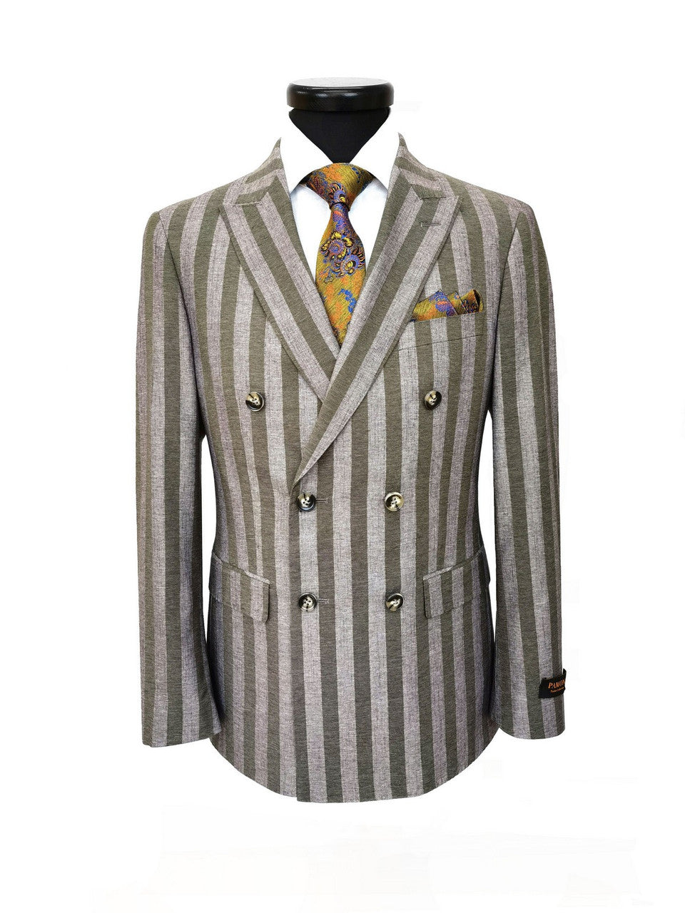 Brown Khaki Bold Stripe Double Breasted Suit