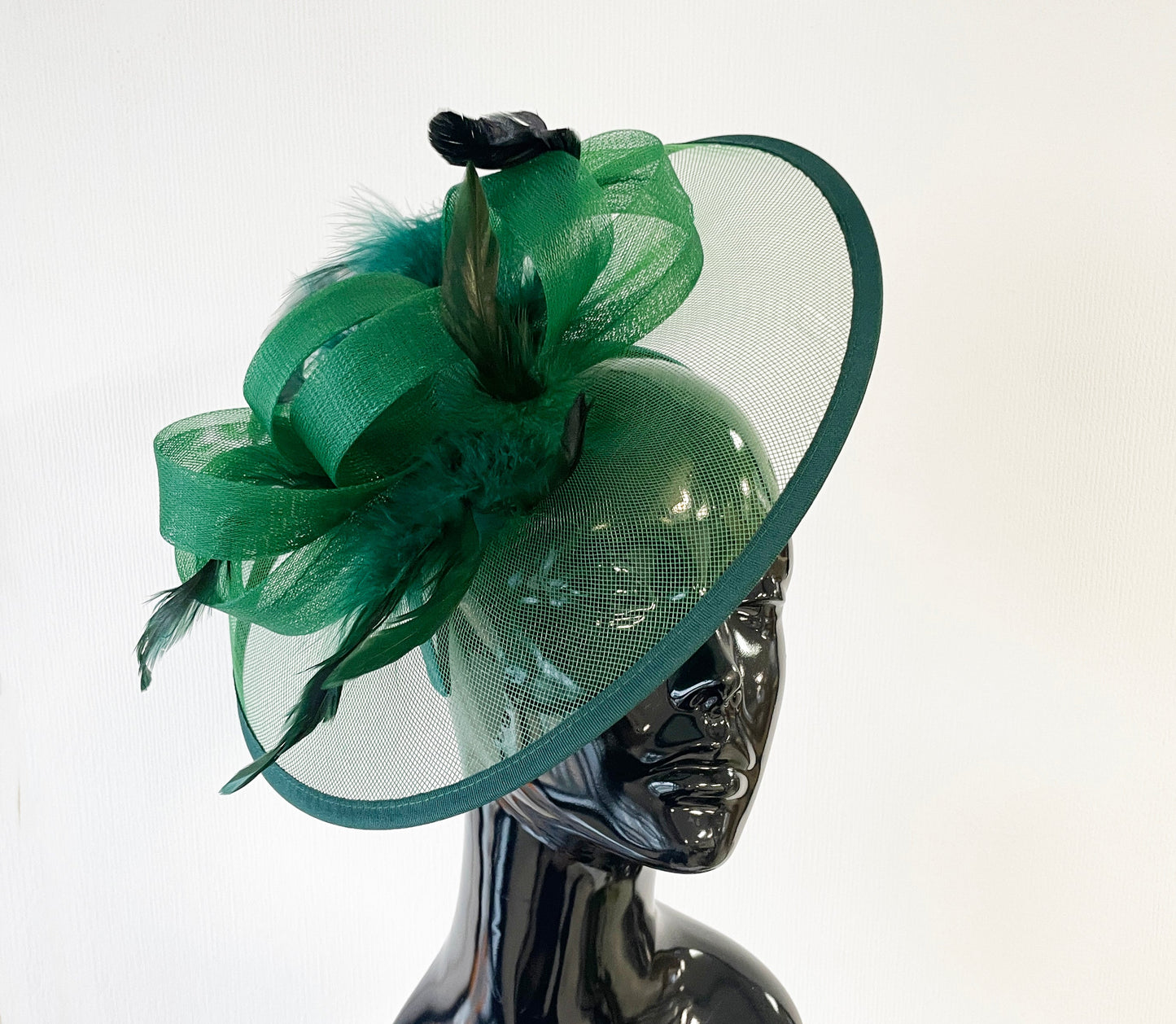 Large Green Dark Emerald Net Disc Fascinator On Headband Wedding Derby Ascot Races Ladies Hat