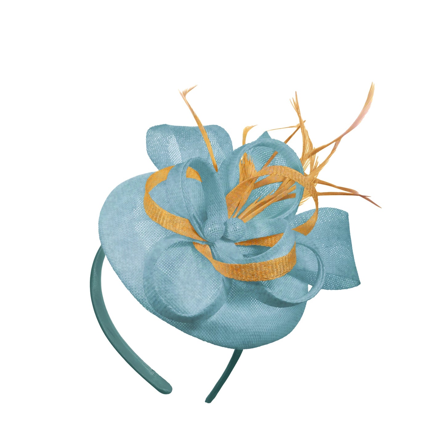 Light Blue Gold Mix Round Pillbox Bow Sinamay Headband Fascinator Weddings Ascot Hatinator Races