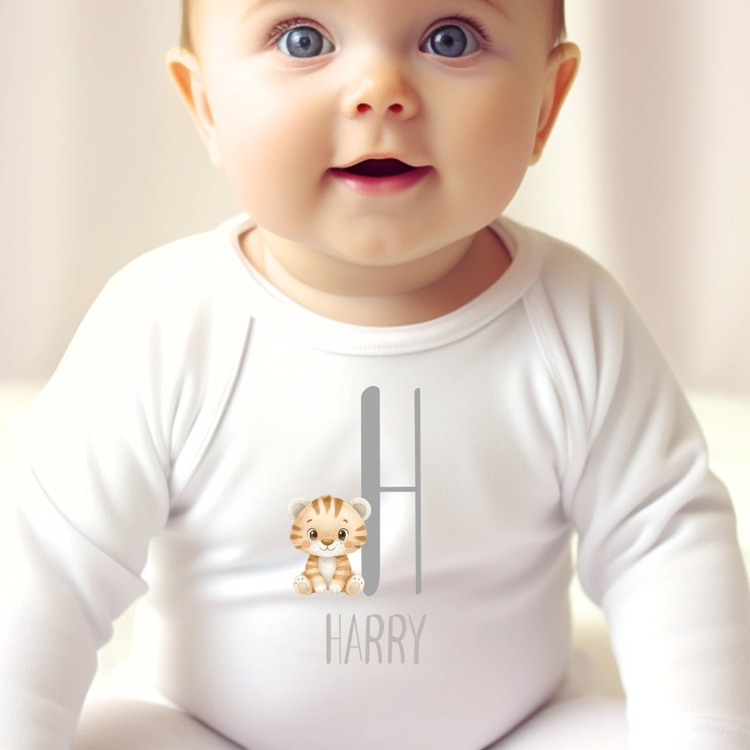 Personalised Little Tiger Baby Grow, Vest or Bib with Initial Name