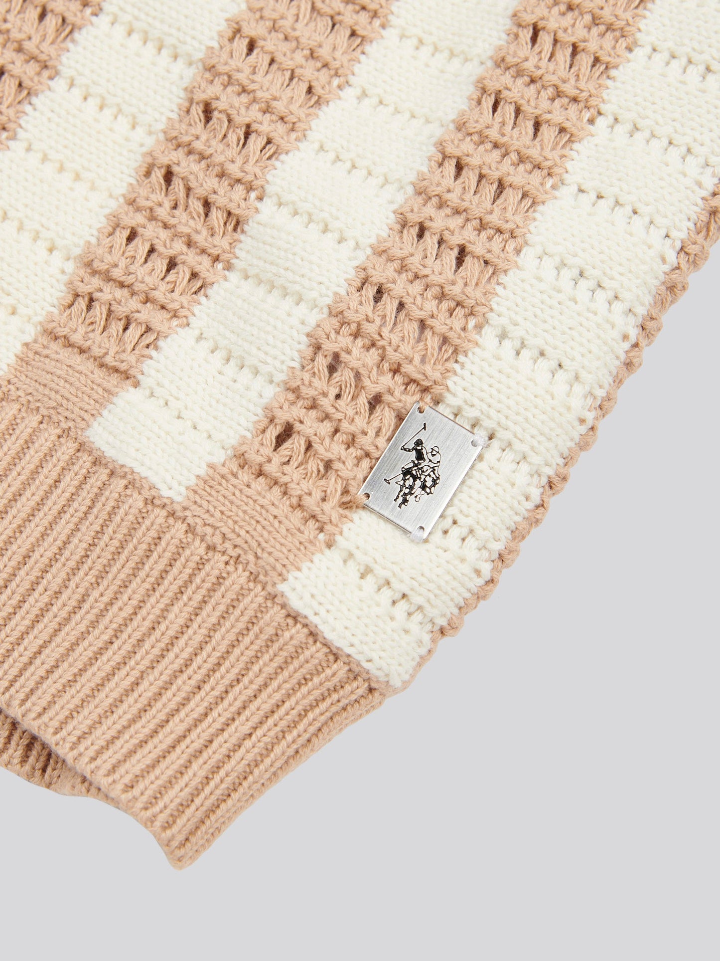Mens Crochet Knit Open Collar Polo Shirt in Doeskin