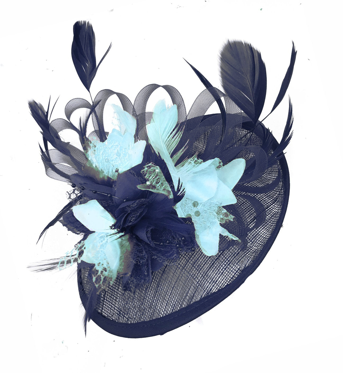 Caprilite Sinamay Navy Blue and Light Turquoise Disc Saucer Fascinator Hat for Women Weddings CLIP