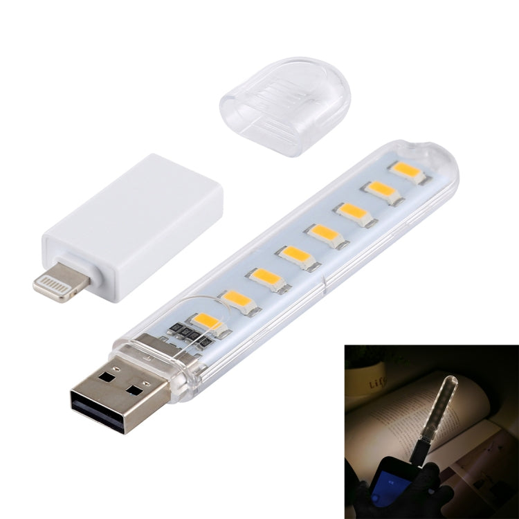 8LEDs 5V 200LM USB LED Book Light Portable Night Light, with 8 Pin Adapter, with 8 Pin Adapter