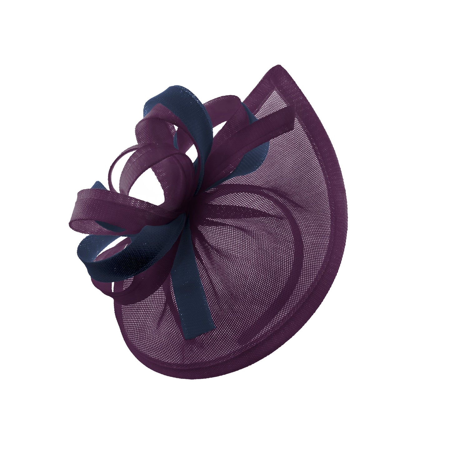Caprilite Vegan MoonMix Hoop Fascinator Hat on Headband Wedding Ascot Races Bespoke Sinamay Disc - Plum Navy