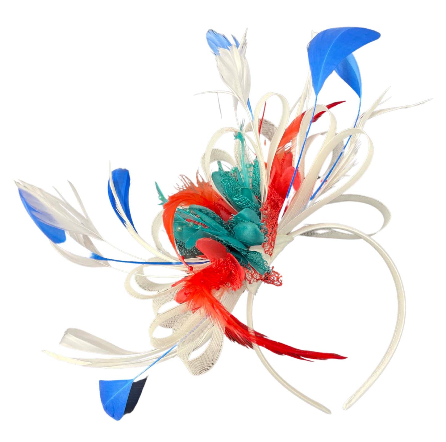 Cream Coral Teal and Blue Headband Fascinator