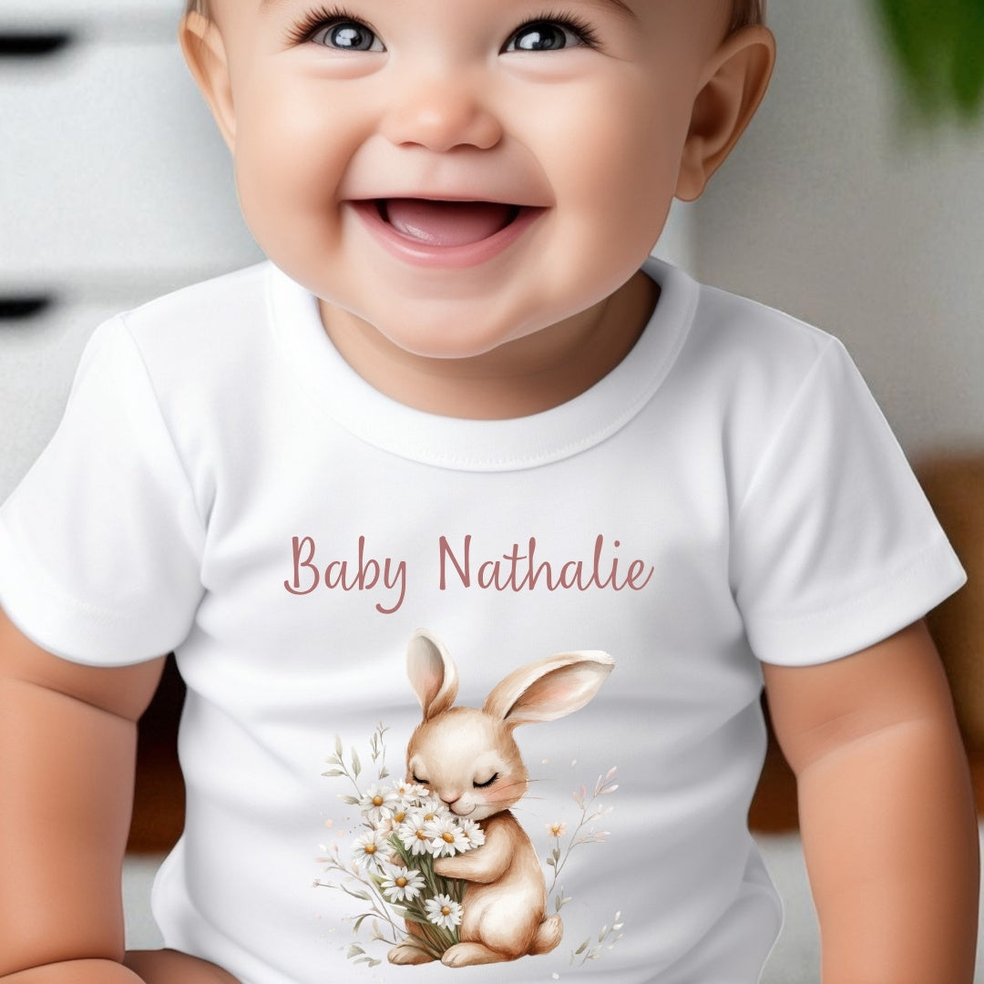 Personalised Daisy Bunny Baby Grow, Vest or Bib with Name