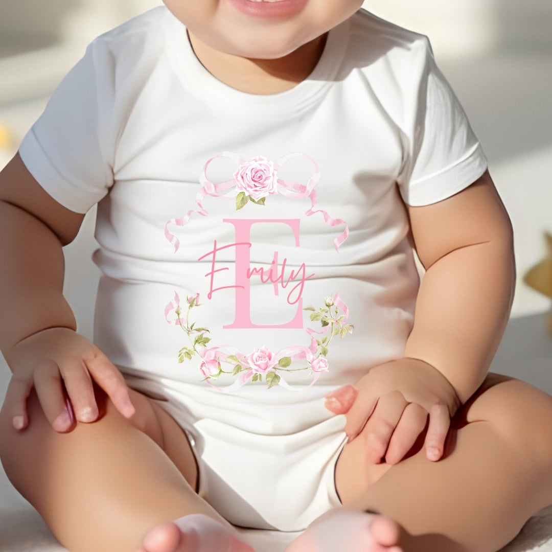 Personalised Pink Roses Baby Grow, Vest or Bib with Name