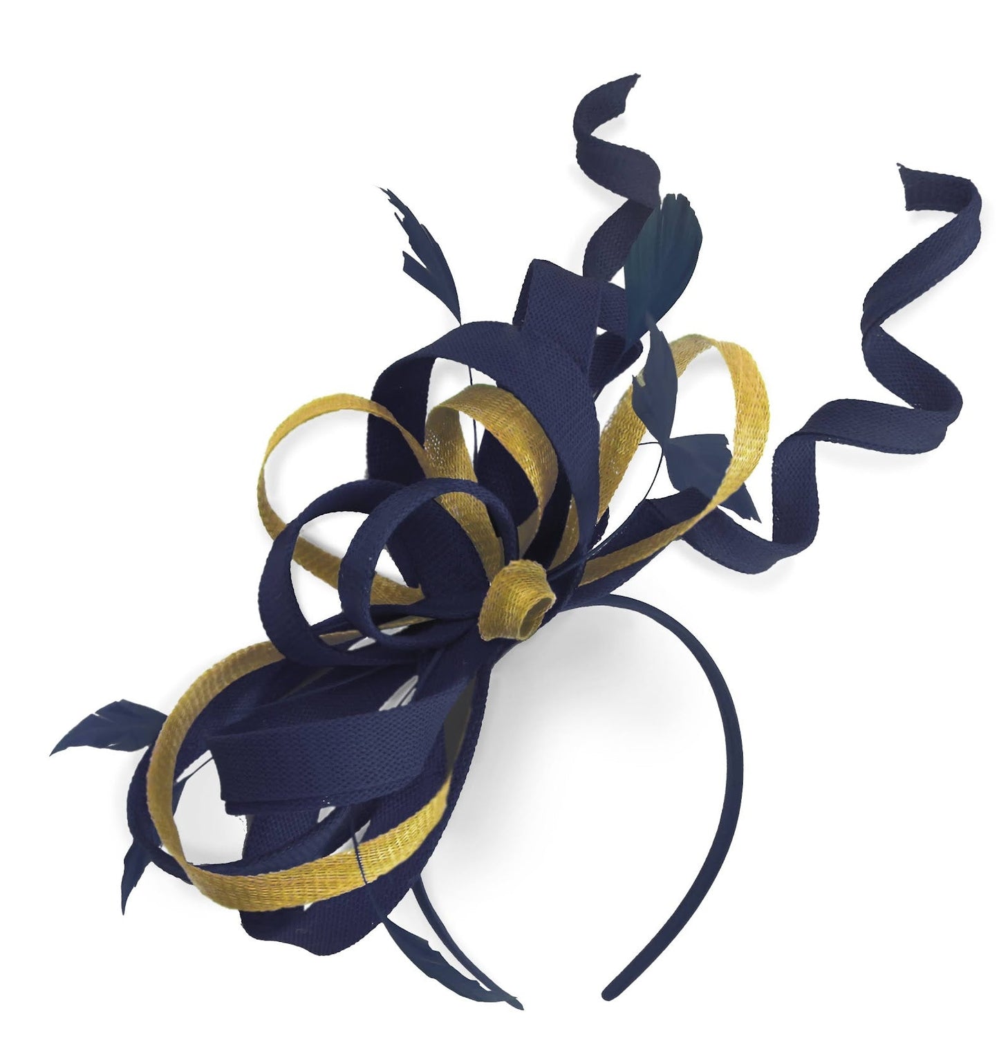 Caprilite Navy and Yellow Wedding Swirl Fascinator Headband Alice Band Ascot Races Loop Net