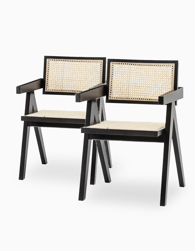 A Set Of Two Black Cane Rattan Dining Chair, Solid Wood