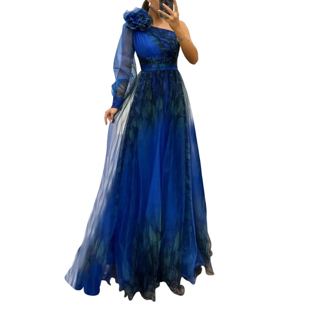 One Shoulder Pleated Chiffon Evening Dress | Floor-Length A-Line | 3D Floral | S–XL