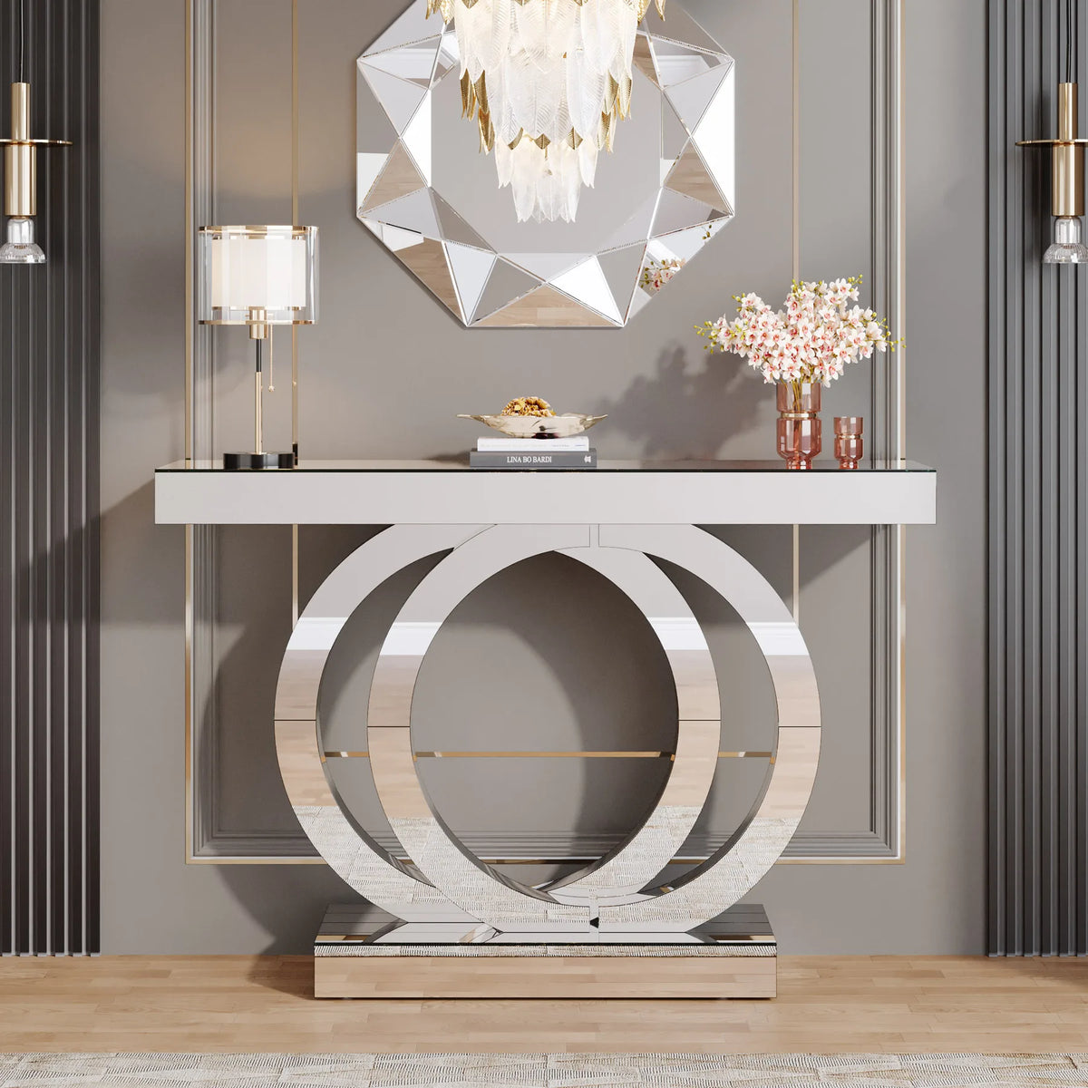Mirrored Console Table – 110cm | Modern Minimalist Entryway Table | Glass Top | Light Grey & Silver