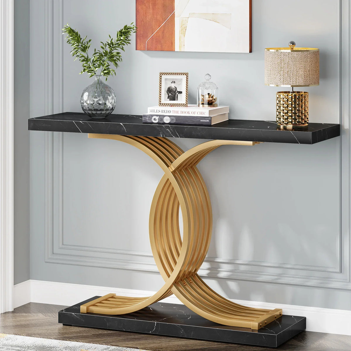 Gold Entryway Table, Modern 39-Inch Console Faux Marble Narrow Wood Sofa with