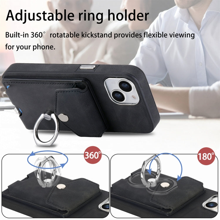 For iPhone 15 Plus Electroplating Skin-feel Leather Ring Card Wallet Phone Case(Black)