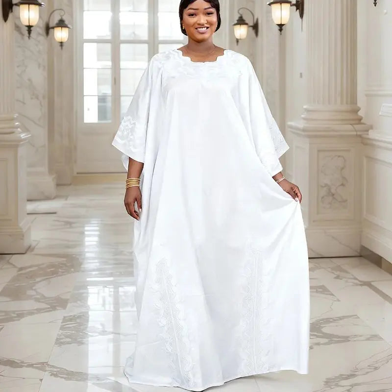 Women's African Boubou Dashiki Gown – Bazin Ankara Embroidered Kaftan Robe | Polyester-Spandex | One Size | 5 Colours