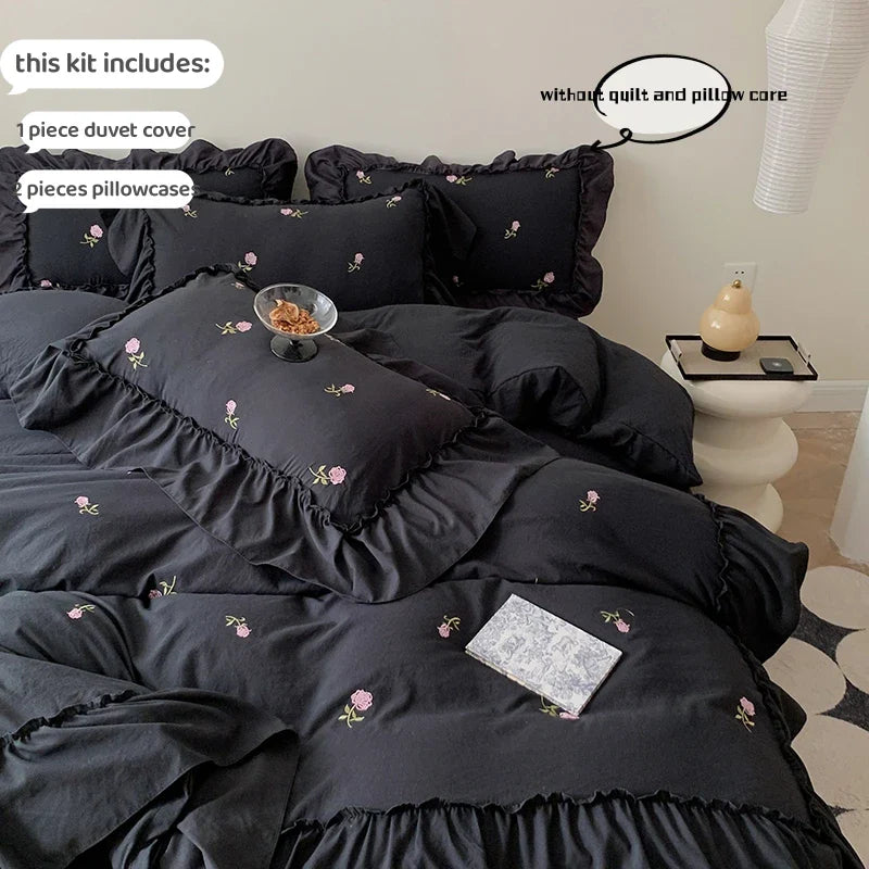 Rose Embroidered Duvet Cover Set – 3-Piece | 400TC Polyester | Multiple Sizes | White, Black & Two-Tone