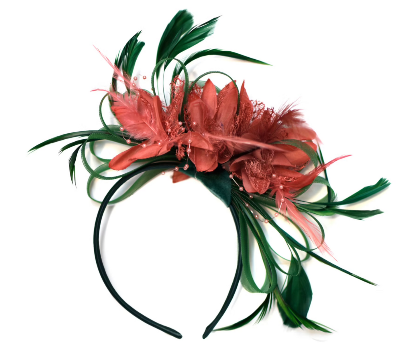 Caprilitte Green and Coral Net Fascinator on Headband Alice Band UK Wedding Ascot Races Loop