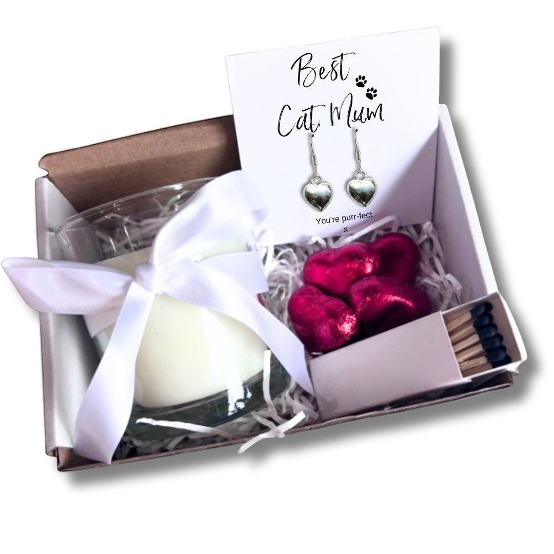 Small Best Cat Mum Gift Hamper Heart Earrings Chocolates & Candle