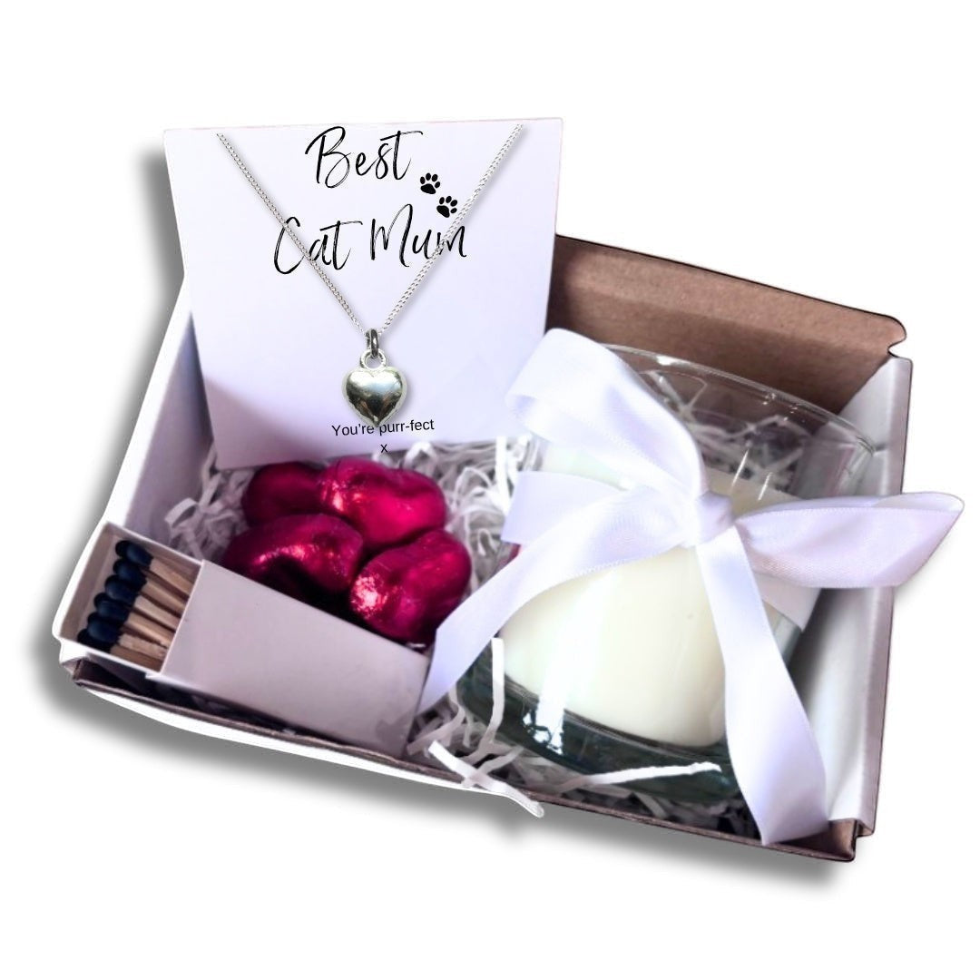 Small Best Cat Mum Gift Hamper Necklace Chocs & Candle