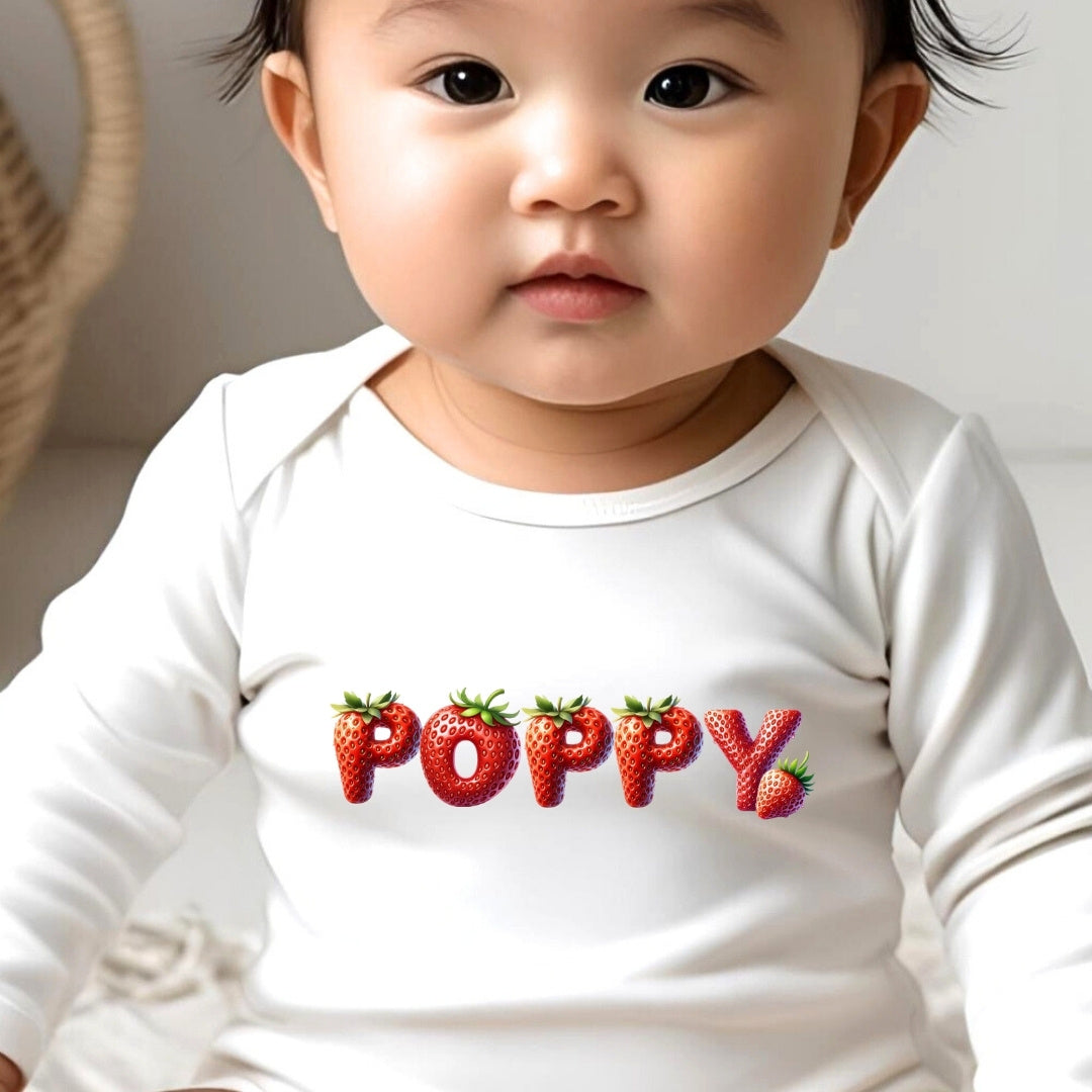 Personalised Strawberry Baby Grow, Vest or Bib with Name