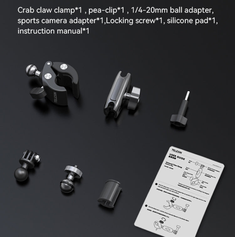 TELESIN Aluminum Alloy Crab Claw Handlebar Tube Clamp For Sports Camera Mobile Phones, Aluminum Alloy