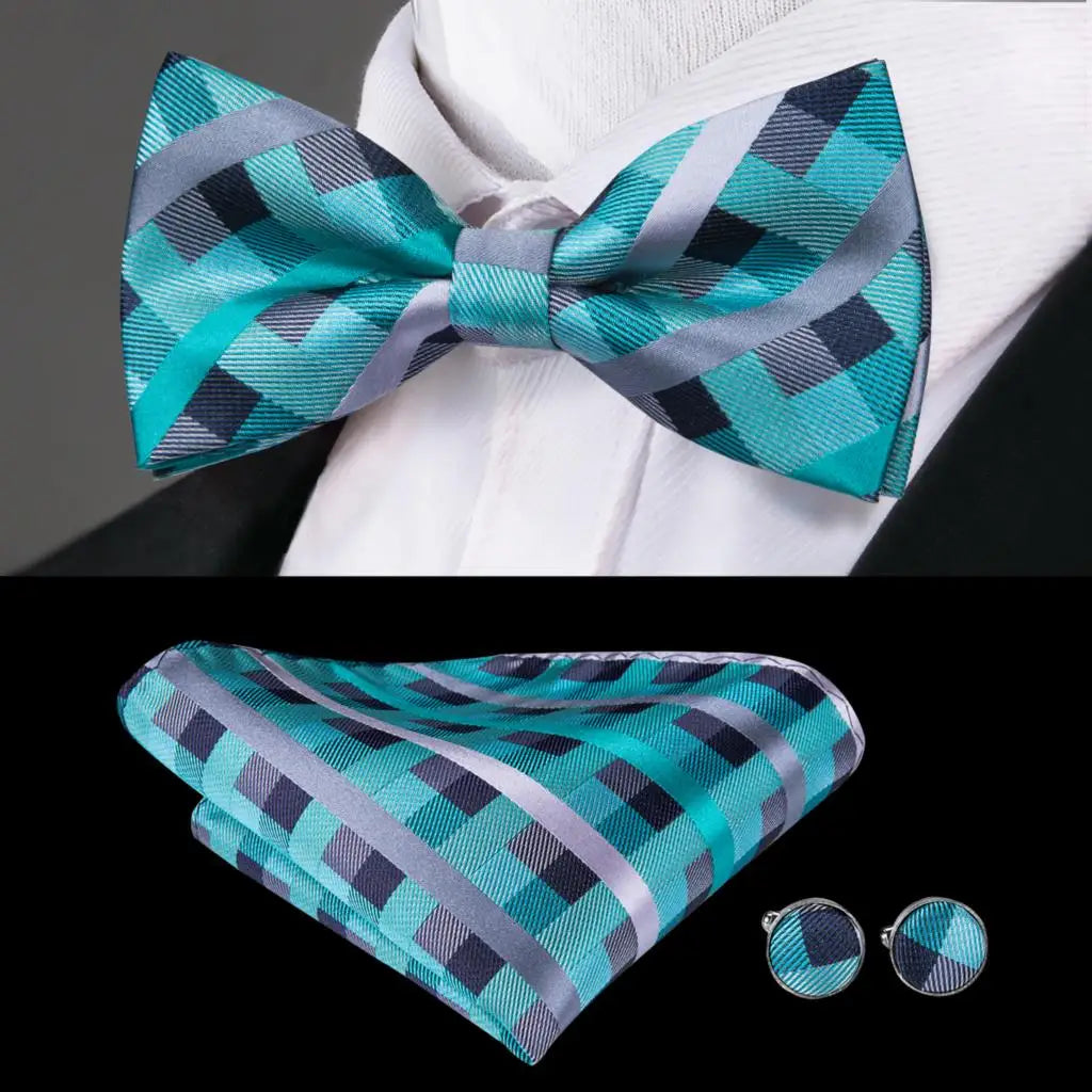 Turquoise and Gray Check Silk Bow Tie - With Matching Cufflinks & Pocket Square