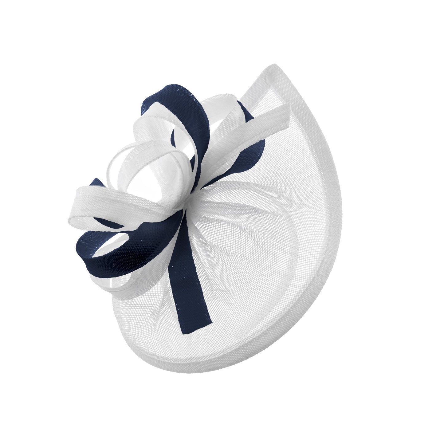 Caprilite Vegan MoonMix Hoop Fascinator Hat on Headband Wedding Ascot Races Bespoke Sinamay Disc - White Navy