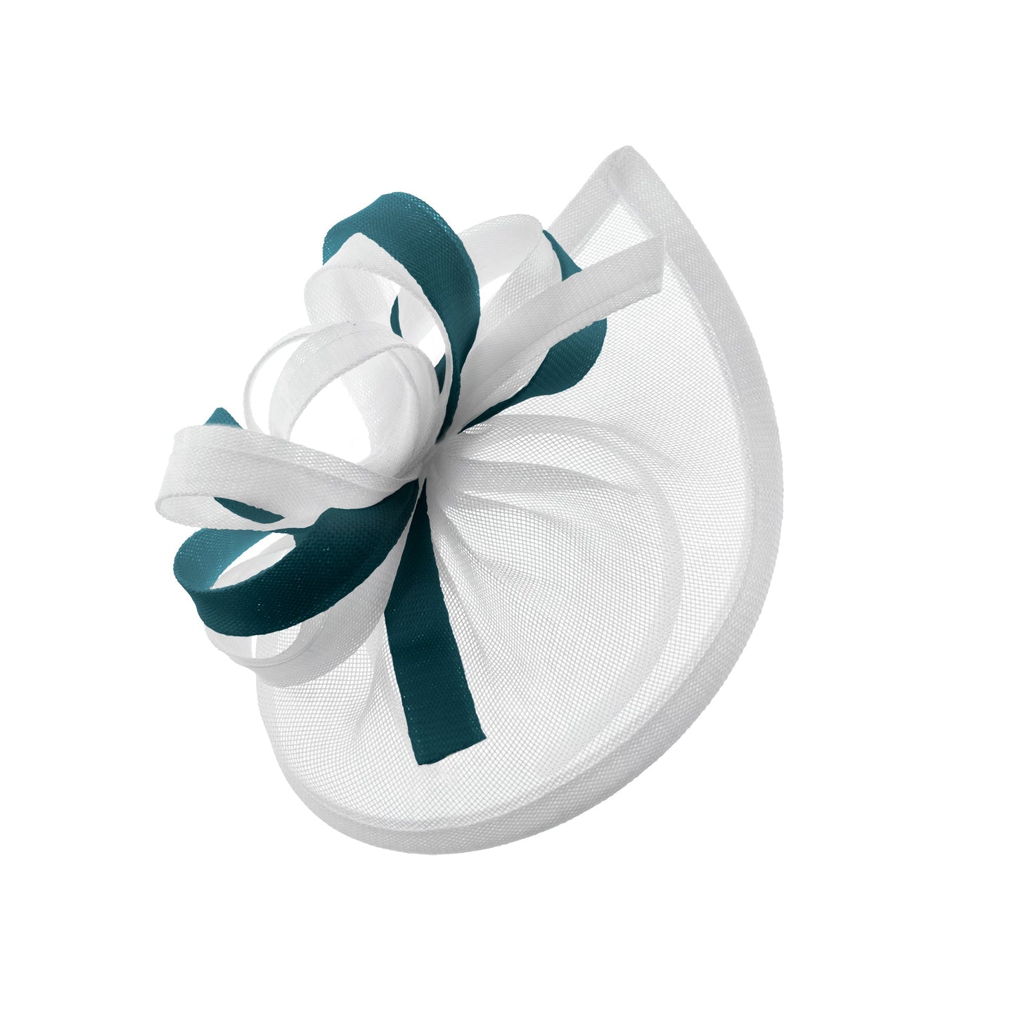 Caprilite Vegan MoonMix Hoop Fascinator Hat on Headband Wedding Ascot Races Bespoke Sinamay Disc - White Teal