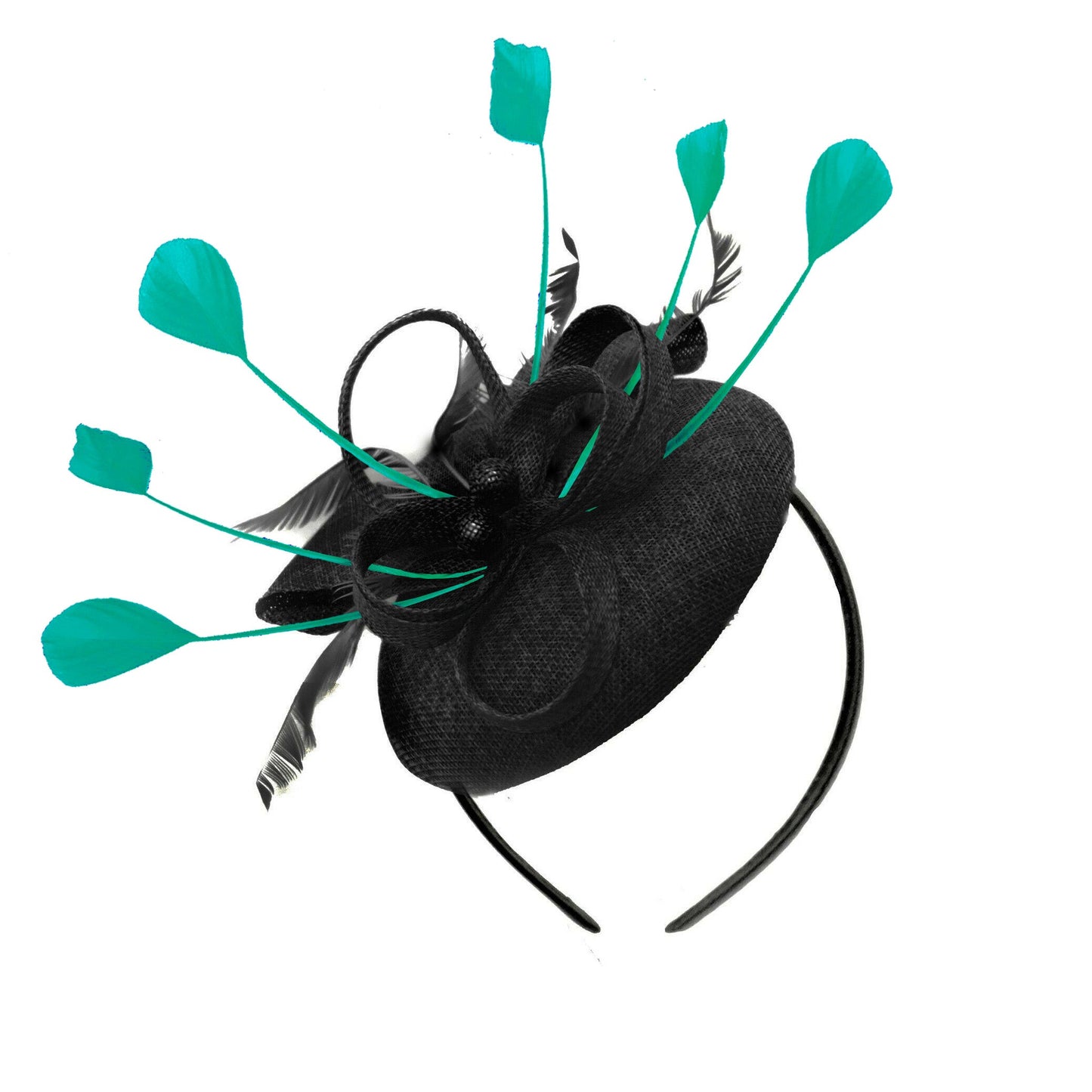 Round Black and Teal Pillbox Bow Sinamay Headband Fascinator Weddings Ascot Hatinator Races