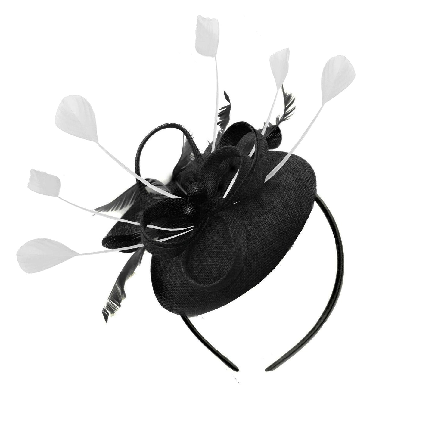 Round Black and White Pillbox Bow Sinamay Headband Fascinator Weddings Ascot Hatinator Races