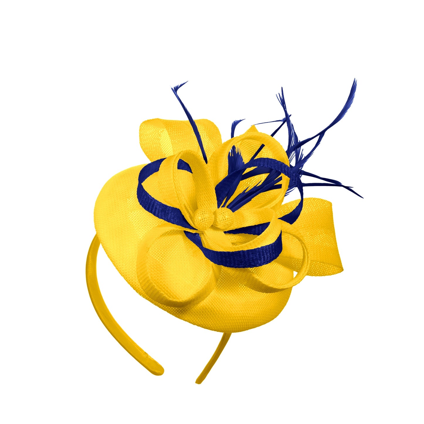 Yellow Royal Blue Mix Round Pillbox Bow Sinamay Headband Fascinator Weddings Ascot Hatinator Races