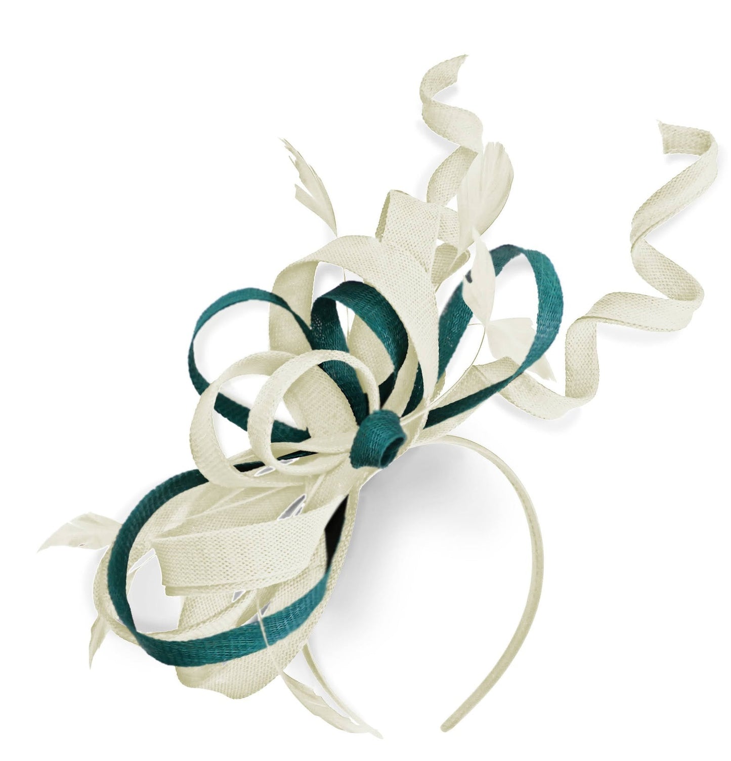 Caprilite Cream Ivory and Teal Wedding Swirl Fascinator Headband Alice Band Ascot Races Loop Net