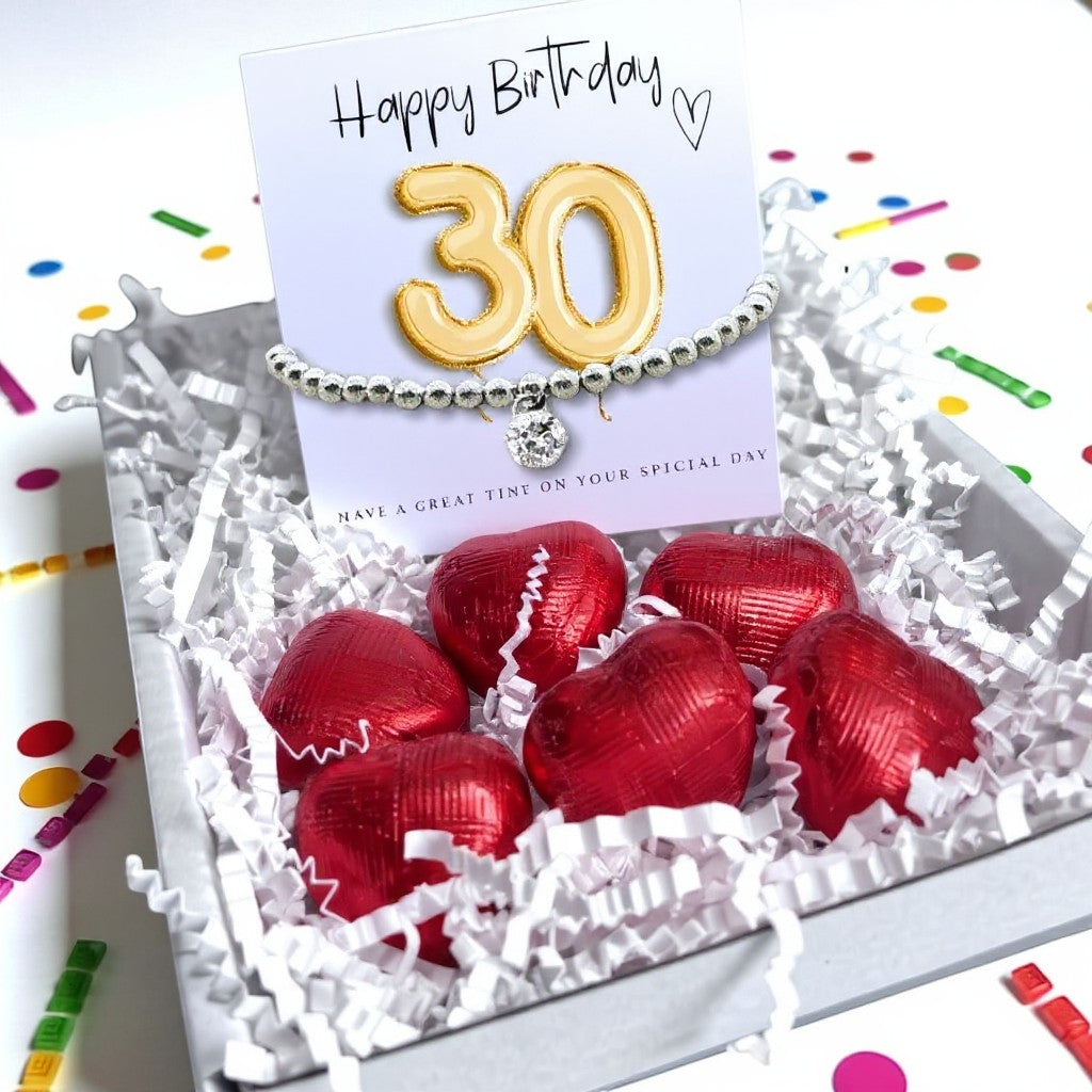 30th Birthday Cubic Zirconia Silver Bracelet & Gold Balloon Hamper