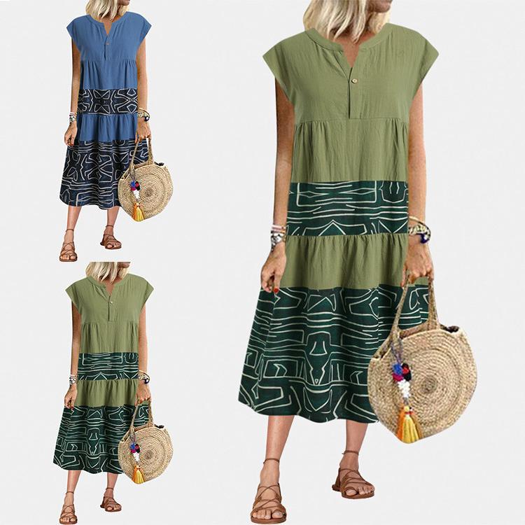 Ladies Printed Patchwork Sleeveless V-Neck Loose Retro Dress
